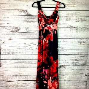 BISOU BISOU SIZE 4 RED BLACK FLORAL MAXI LONG DRESS SPRING SUMMER GUC